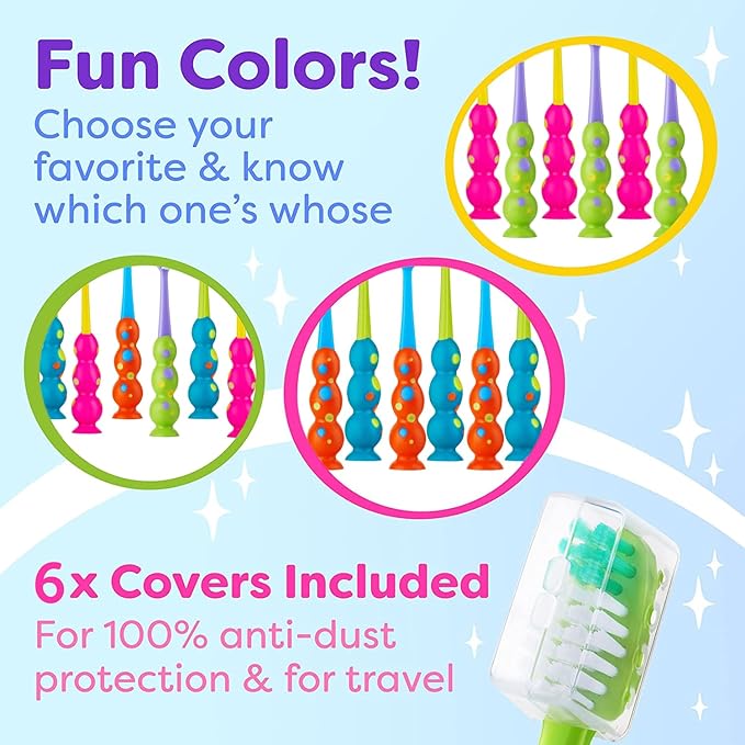 Trueocity Kids Toothbrush 6 Pack - Soft Contoured Bristles - Child Sized Brush Heads (3-10 Year Old) - Suction Cup for Fun & Easy Storage - Girl & Boy Set (6-Pack, Green & Pink)