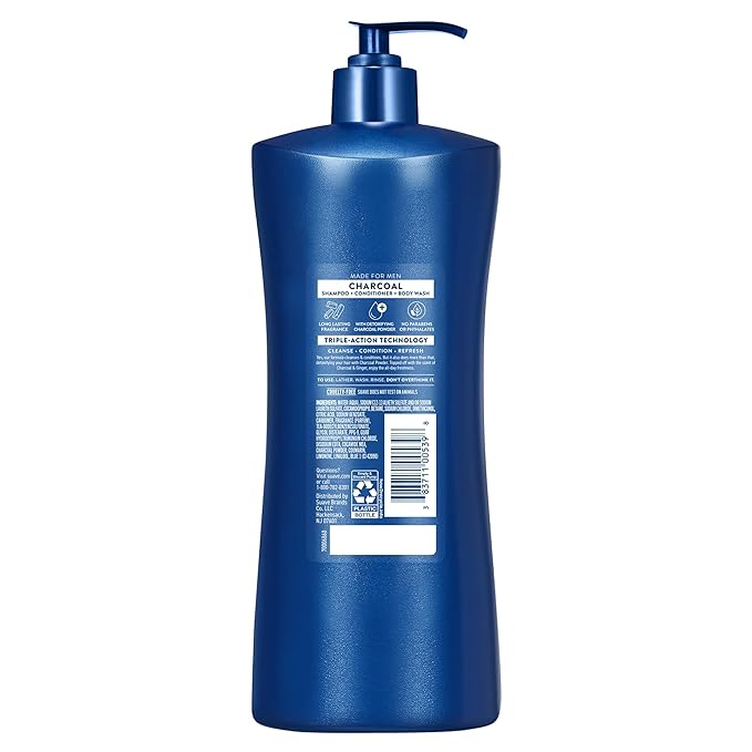 Suave Men Deep Cleansing 3 in 1 Shampoo, Conditioner & Body Wash with Charcoal Powder, Detoxifies & Cleanses Hair & Skin, Removes Oil & Impurities, 4 Count, 28 FL OZ Pump