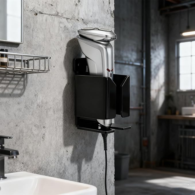 Electric Shaver Wall Stand for Bathroom, Acrylic barber Razor Holder – Easy-to-Install Organizer for Men’s/Women’s Electric Shavers (Black)