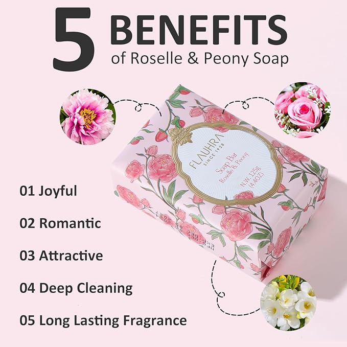 Bee & Flower Soap Bar Roselle & Peony Fragrant Soap Essential Oil Scented Soap Bar Moisturizing Bath Bar Soaps Nourishes Your Skin 4.4 oz(Pack of 4)