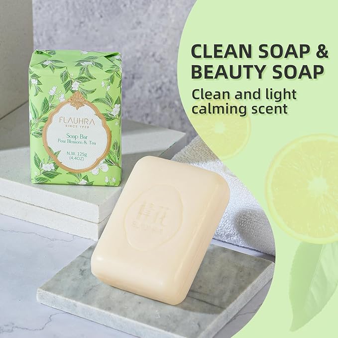 Bee & Flower Soap Bar Pear Blossom & Tea Essential Oil Scented Soap Bar Moisturizing Bath Bar Soap Nourishes Your Skin 4.4 oz(Pack of 4)