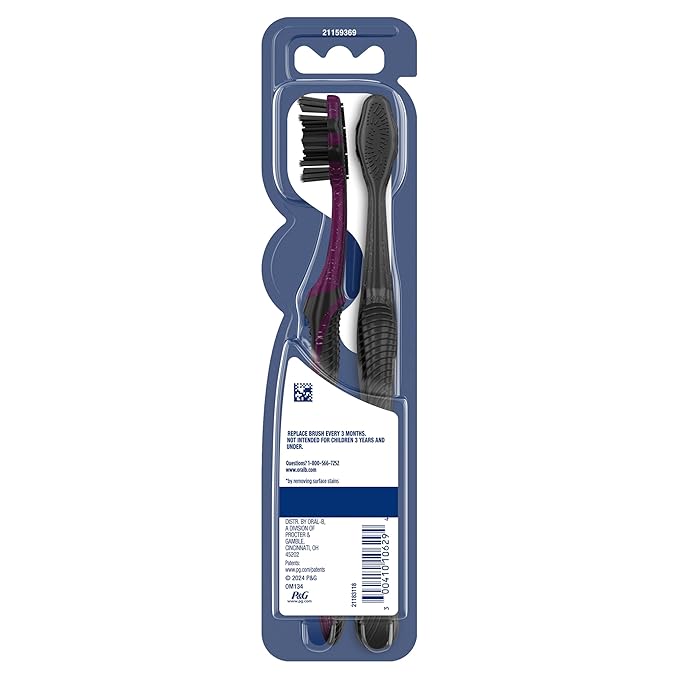 Oral-B 3D White Charcoal toothbrush, 2 count SOFT manual tootbrush pack, Whitens teeth, removes plaque and stains, tongue scraper tooth brush