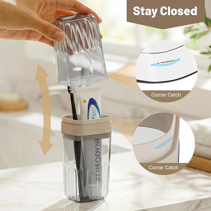 Toothbrush Travel Case, Large Enclosed Toothbrush and Toothpaste Holder Travel Container with Rinse Cup, Portable Bathroom Tooth Brush Storage Case Cover Protector for Traveling, Clear Grey