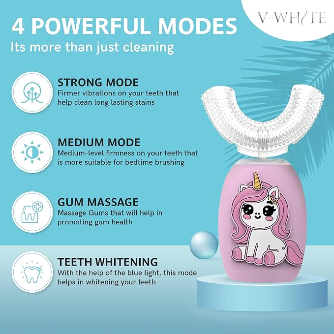 V-WHITE Electric Toothbrush Kids- Ultrasonic U-Shaped Toothbrushes for Teeth Whitening - 360° Mouth Cleansing, Hands Free Gums Protection - Wireless Charging & LED Light - Waterproof IPX7 Certified
