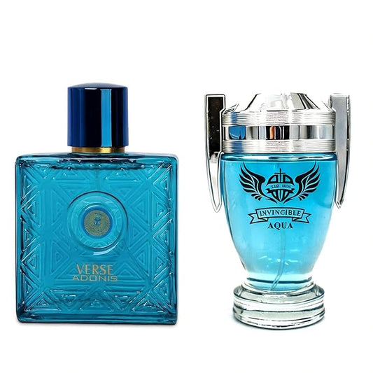 Verse Adonis & Invincible Aqua Combo Men Cologne 3.4 Fl. Oz Men's Perfume Refreshing Combination of Aquatic & Woody Scents Eau De Parfum for Men Lasts All Day Best Gift