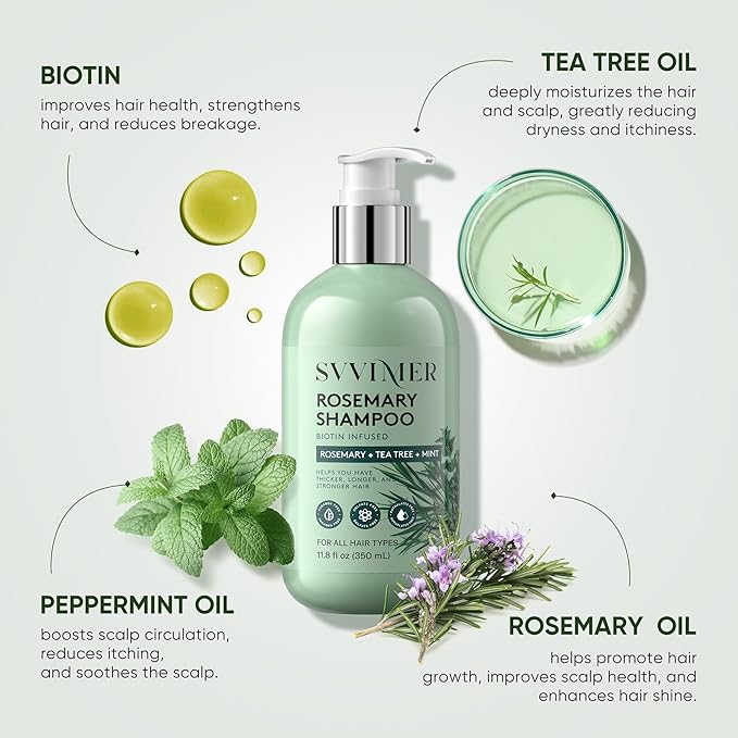 Svvimer Rosemary Hair Growth Shampoo - Thickening and Regrowth Formula for Men & Women - Strengthening Shampoo with Tea Tree Oil Biotin - For Thinning Hair and Hair Loss 11.8 fl.oz