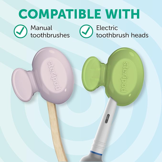 Steripod Clip-on Toothbrush Protector, Green/Silver, 2 Count