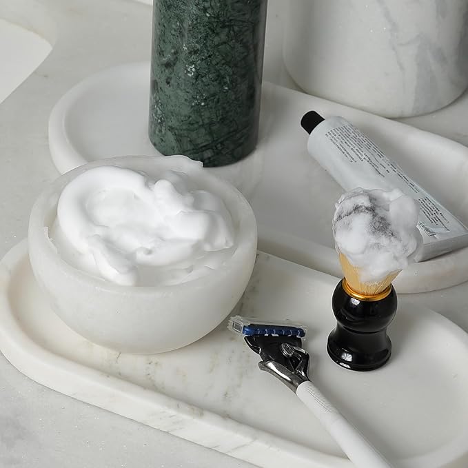 Koville White Marble Shaving Soap Bowl Handmade from Natural Marble, Heat Retaining Stone Provides a Luxurious Hot Shave Experience, Shaving Bowl Gift for Men with 2 Pack Shaving Brush