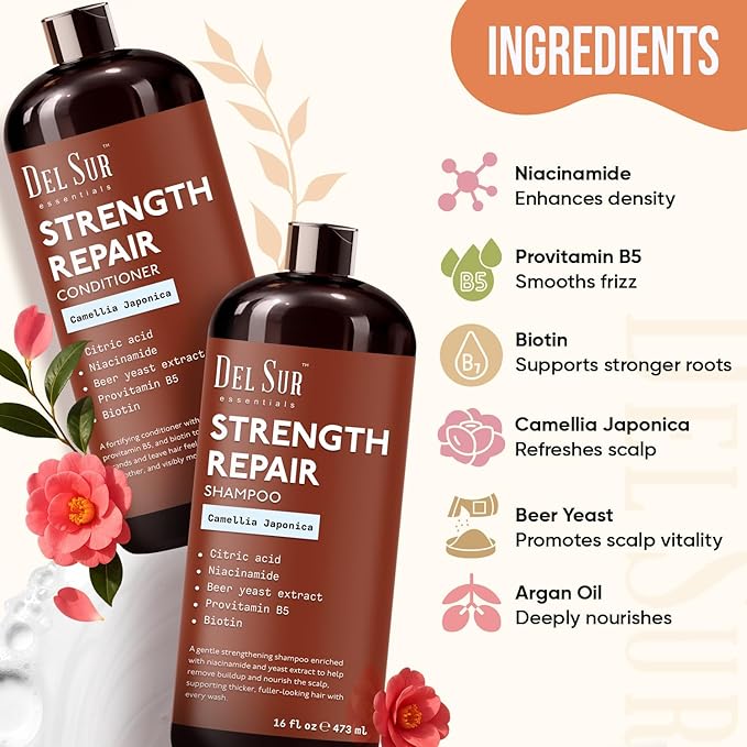 DEL SUR Hair Strengthening Shampoo and Conditioner Set | 16 fl oz Each | with Camellia Japonica, Niacinamide, Provitamin B5 & Biotin | Repair & Hydration for Dry, Weak Hair