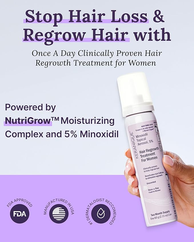 Keranique Women's 5% Topical Minoxidil Foam – Hair Regrowth Scalp Treatment with Powerful NutriGrow blend - Supports Thicker, Fuller, Healthier Hair & Scalp p - 2 Month Supply