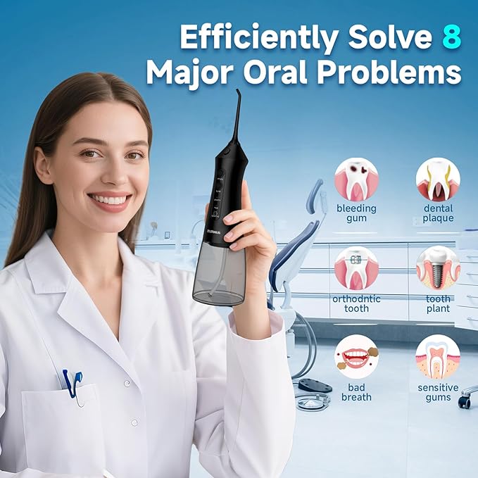 Water Dental Flosser Cordless Oral Irrigator with 300ml 5 Tips 8 DIY Modes 3 Levels 1 Pulse Portable Travle Irrigation Cleaner IPX7 Electric Irrigador Dental for Teeth Cleaning (Black)