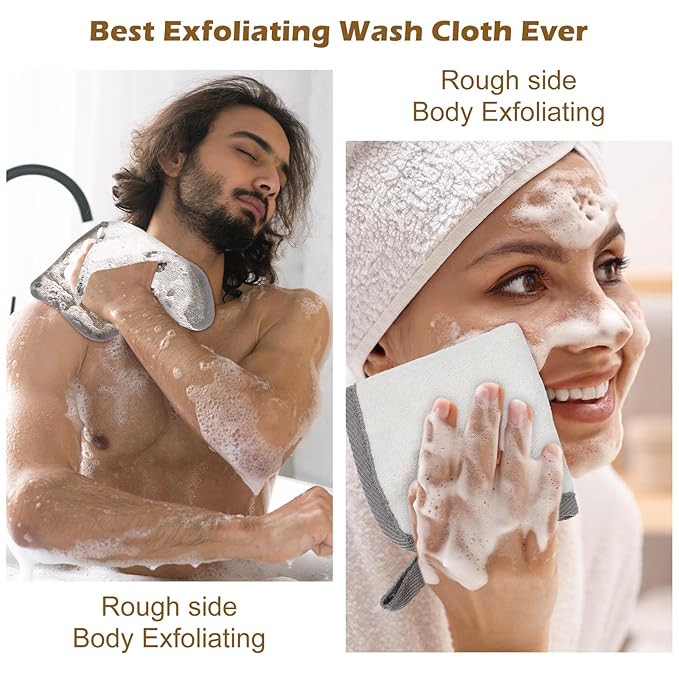 3PCS Exfoliating Washcloths for Face Shimmeroo 8x8 Inch Bamboo Charcoal Premium Face Body Wash Cloths with Softness Scrubbing Two Sides Exfoliating Towel for Women Men(Grey)