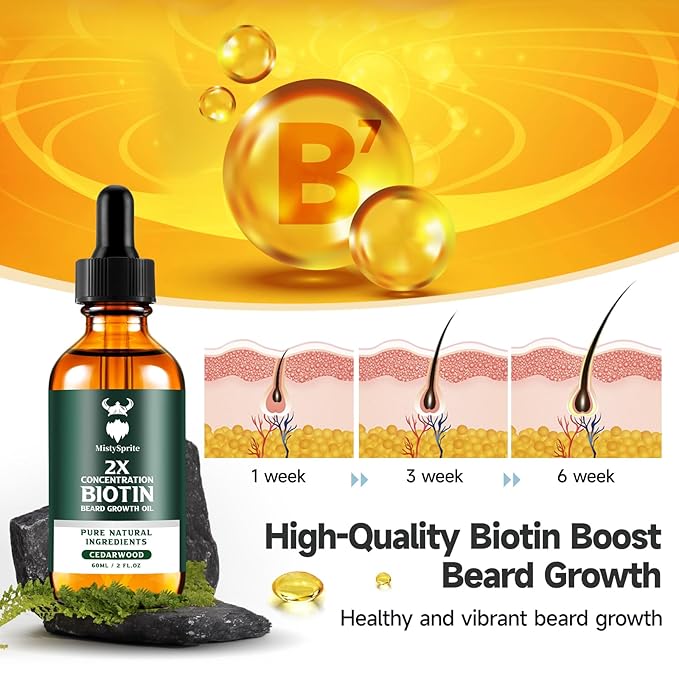 Beard Growth Oil - 2X Concentration Biotin Beard Oil for Men (2 oz) - Natural Mens Beard Oil with Argan Oil, Jojoba Oil and Vitamin, Beard Growth Softener, Moisturizer (Cedarwood)
