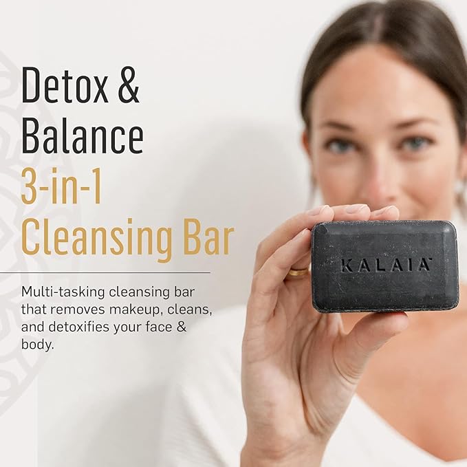 Kalaia - Detox & Balance Charcoal Cleansing Bar, Multi-Use Bar Soap with Activated Charcoal, Hydrating Anti-Acne Face Wash in Soap Bar Form, Removes Makeup and Unclogs Pores, 3 oz/85 g