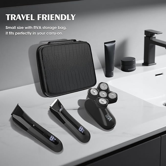 Karrte Manscape 5 in 1 Men's Grooming Kit, Beard Trimmer for Men, Groin & Body Hair Trimmer, Nose & Ear Hair Clippers, 5D Electric Razors, IPX7 Waterproof, LED Display with Travel Lock