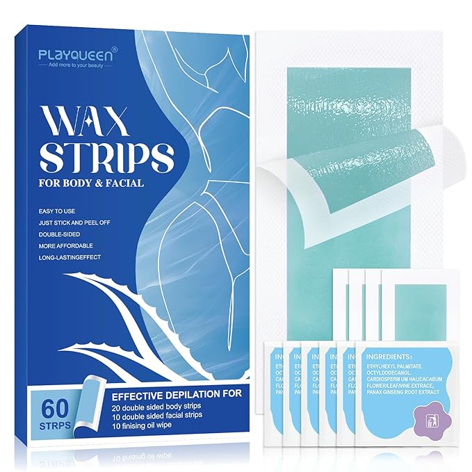 Wax Strips - (60 Count),10 Calming Oil Wipes Hypoallergenic For Hair Removal, For Women and Men, Face Waxing Kit For Women, Body Wax Strips - Brazilian Waxing, Suitable For All Skin Types