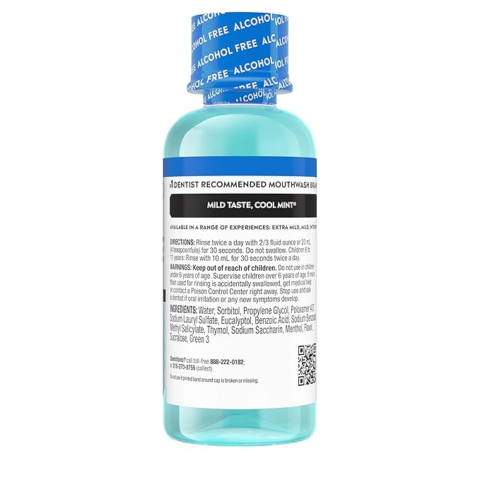 Listerine Cool Mint Alcohol-Free Mild Mouthwash, Oral Rinse Kills 99.9% of Germs that Cause Bad Breath, Less Intense Taste, Mild Mint Flavor, 3.2 fl. oz