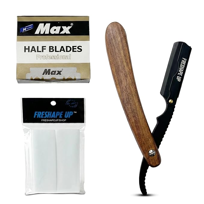 Professional Single Blade Razor for Men – Barber Straight Razor Safety Kit with 100 Single Edge Straight Razor Blades (4.4 cm) & 10 Hairline Wipes for Precise Shaving (Wooden Razor)