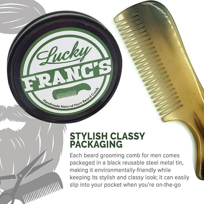 Lucky Franc's Handmade Ox Horn Fine Tooth Comb for Men's Beards and Mustaches - Static-Free, Pocket Size, Metal Tin Gift
