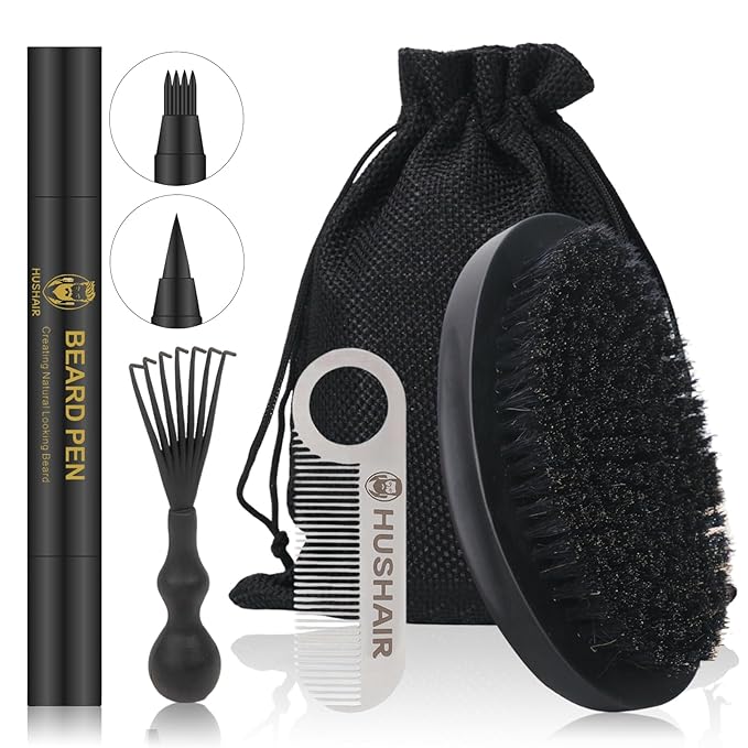 Beard Brush 5-in-1 Set for Men - Natural Boar Bristle Brush & Beard Pen Filler，Stainless Steel Beard Comb/Combing Brush/Ramie Storage Bag - Great for Grooming Beards and Mustaches