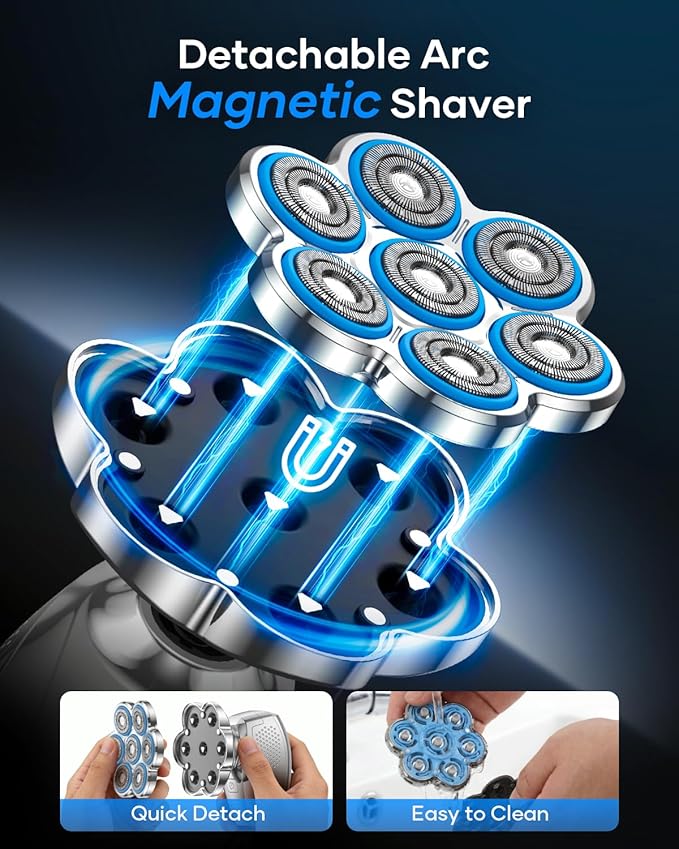 7D Head Shavers for Bald Men, 5-in-1 Magnetic Detachable Head Shaver, IPX7 Waterproof Electric Razor for Wet/Dry Use, Shaving Grooming Kit for Balder, LED Display, Type-C Charge, Silver White