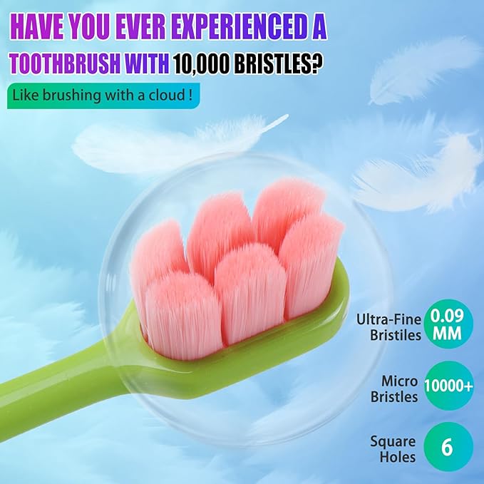 6 Pack Extra Soft Toothbrushes for Adults - 10,000 Ultra Soft Bristles for Sensitive Teeth & Receding Gums | Dentist Recommended Gentle Cleaning | BPA-Free | Colors May Vary