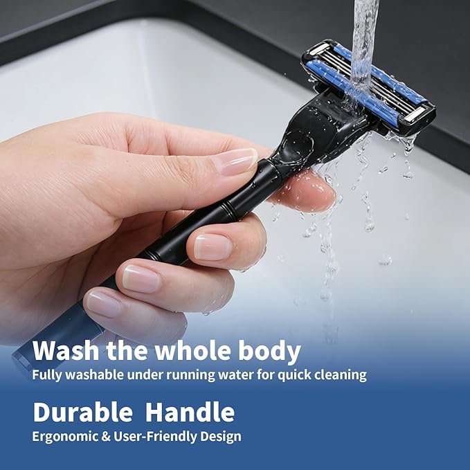 3-Blade Men Razor with Lubricating Strip & Pivoting Head - Safety Razor Blades Kit Includes 2 Handles, 12 Razor Blade Refills, Wall Hook & Cleaning Brush