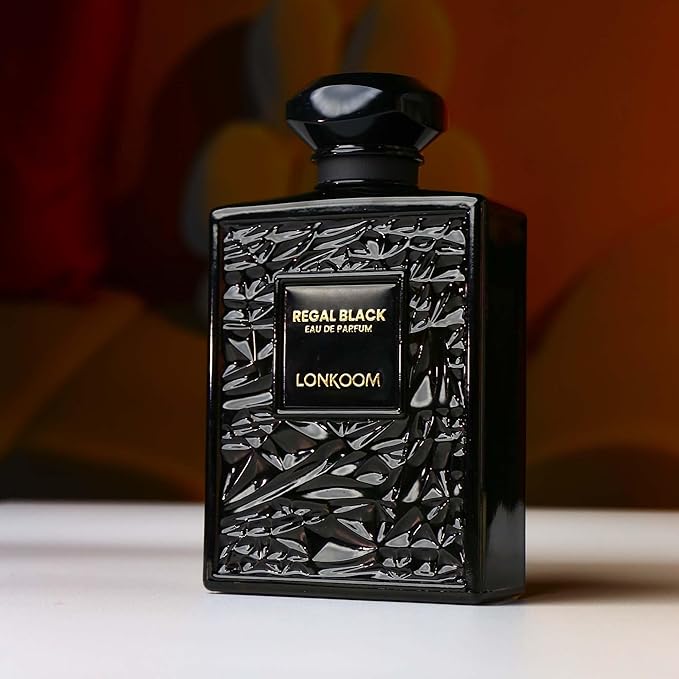 LONKOOM Regal Black Perfume for Men, Woody Spicy Eau De Parfum Spray Long-Lasting Fragrance Cologne 3.4 Fl Oz/100ml, Notes of Frankincense Black Pepper Bergamot Vetiver Papyrus Sandalwood Rose Saffron