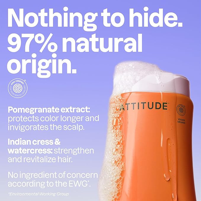 ATTITUDE Colorlast Hair Shampoo, EWG Verified, For Color Treated Hair, Protects Color, Naturally Derived Ingredients, Vegan and Plant Based, Avocado Oil and Pomegranate, 16 Fl Oz