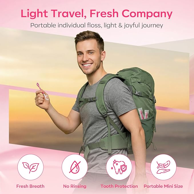 FAMILIFE Travel Toothbrush - 5 in 1 Mini Disposable Toothbrush with Toothpaste, Floss Picks & Tongue Scraper, Individually Wrapped Prepasted Brush for Weekend, Business Trip & Camping (Peach, 24pcs)