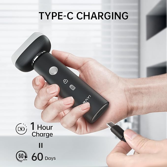 Electric Shaver for Men with Floating Arc 3-Blade, 9000 RPM, Magnetic Head, 1 Hour Fast Type-C Charging can Last for 60 Days, IPX7 Waterproof, Skin-Friendly Blade for Smooth Shaving, Black