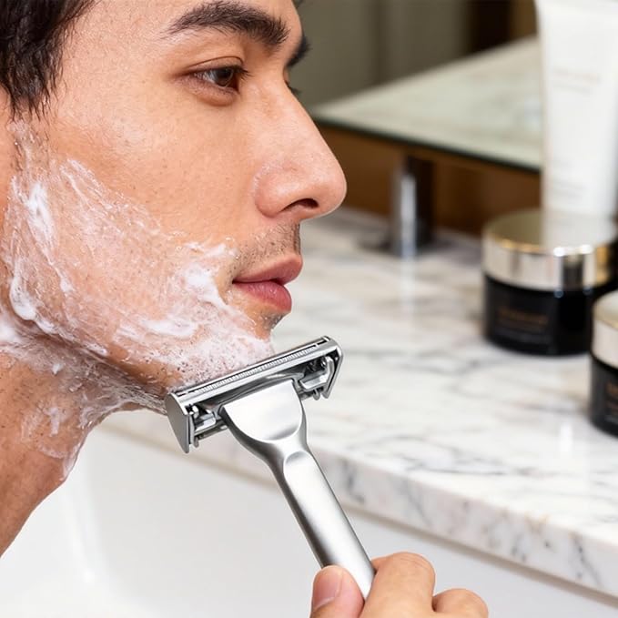 Classic Long Handle Heavy Weight Butterfly Open Double Edge Safety Razor for Men & Women with 10 Stainless Steel Blades,Smooth and Clean Shave Machine,Unique Gifts for Him