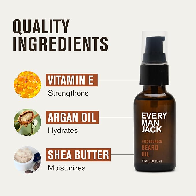 Every Man Jack Mens Beard Oil - Subtle Aged Bourbon Fragrance - Deeply Moisturizes and Softens Your Beard and Adds a Natural Shine - Naturally Derived with Shea Butter- 1 fl oz (2 Pack)