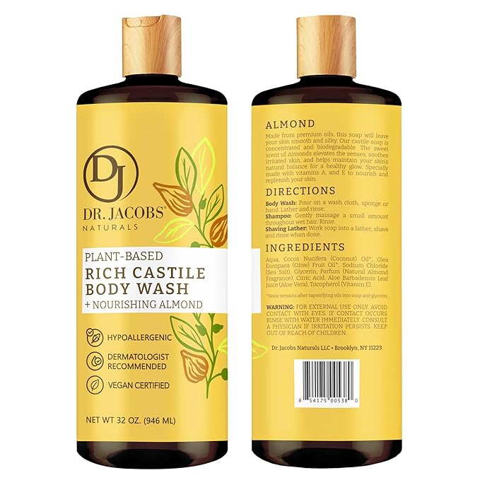 Dr. Jacobs Naturals Pure Castile Soap Liquid Body Wash, Almond - Plant Based Castile Soap Infused with Vitamin E and Aloe Vera to Moisturize Dry and Sensitive Skin - Made in The USA - 32 oz, Pack of 2