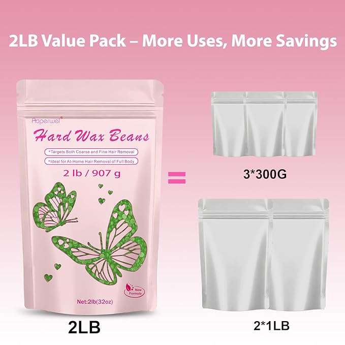 Wax Beads with Coarse Hair Formula, 2lbs Hard Wax Beads for Hair Removal and Sensitive Skin, Hard Wax Beans for Bikini, Brazilian, Legs, Underarms, Chest, Full Body Waxing(Natural Aloe)