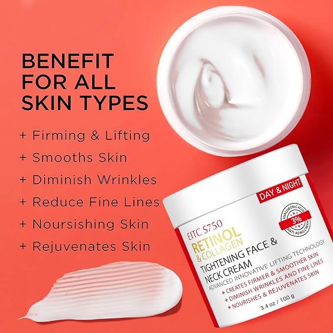Retinol Cream for Face, Anti-Aging Neck Cream for Tightening and Firming with Collagen & Hyaluronic Acid, Instant Face Lift Cream Face Moisturizer for Women & Men, Rapid Wrinkle Repair 3.4 fl. oz.