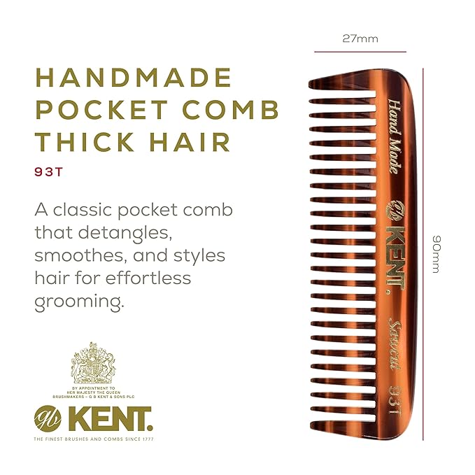 Kent 93T Tortoiseshell Wide Tooth Small Comb for Men's Mustache and Beard Grooming, Pocket Sized Detangler Travel Comb, Saw-Cut and Polished, Handmade in England