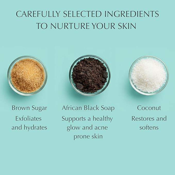 SpaScriptions Exfoliating Coconut Body Wash - 32 oz Scented Moisturizing Body Wash Scrub For Men and Women with African Black Soap for Smooth Skin and Brown Sugar for Gentle Exfoliation, Paraben Free