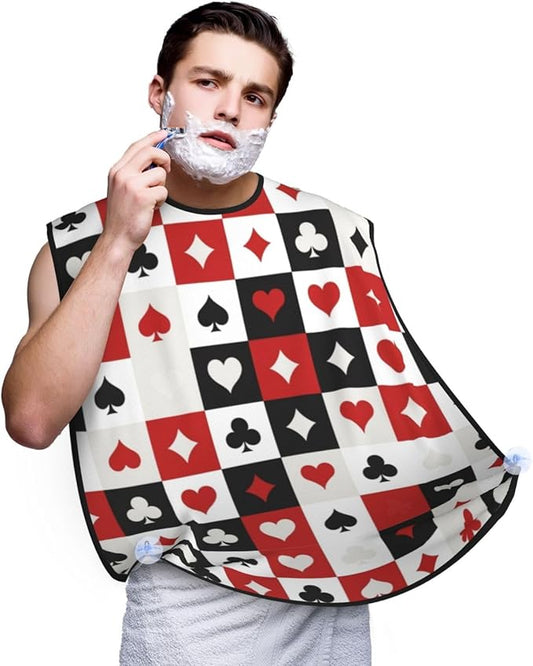Beard Hair Catcher for Men, Waterproof Shaving Bib Apron Non-Stick, Trimming Tool for Dad Husband, Suits Hearts Diamonds Clubs Spades Grid Poker Playing Cards Shave Bib