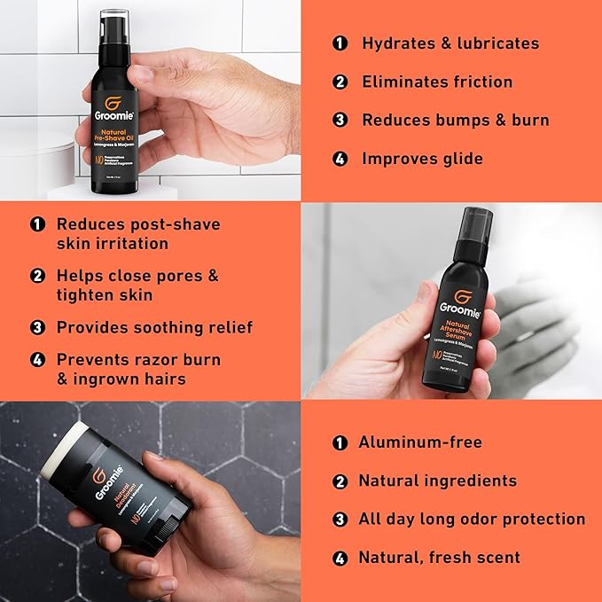 Groomie Mens Grooming Bundle - BaldiePro Electric Head Shaver for Bald Men Includes Travel Case, Charging Dock & Accessory Kit - Deodorant, Scalp & Face Serum, Shave Gel, Aftershave, Pre-Shave Oil