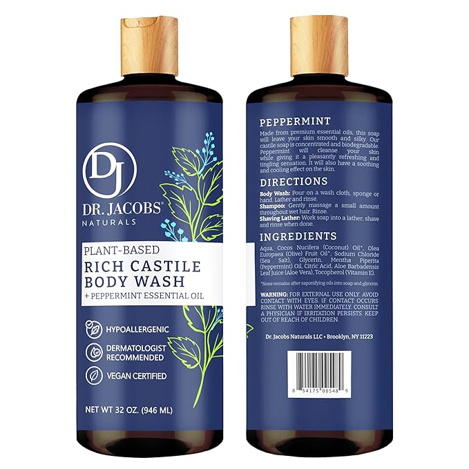 Dr. Jacobs Naturals Pure Castile Soap Liquid Body Wash, Peppermint - Plant Based Soap Infused with Vitamin E and Aloe Vera to Moisturize Dry and Sensitive Skin - Made in The USA - 32 oz, Pack of 3