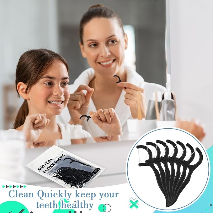 Baderke 200 Count Floss Picks Bulk Non Breakable Tooth Picks Flosser Dental Floss Sticks for Adults Teeth Cleaning Dental Flossers for Family Pack Travel (Black)