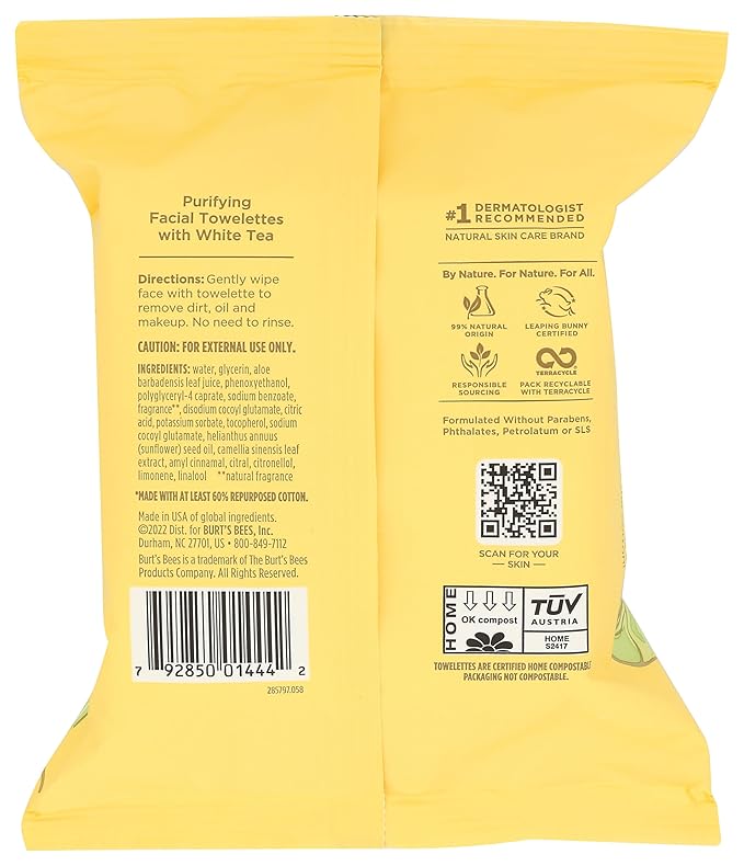 Burt's Bees Facial Cleansing Towelettes with White Tea Extract -- 30 Towelettes