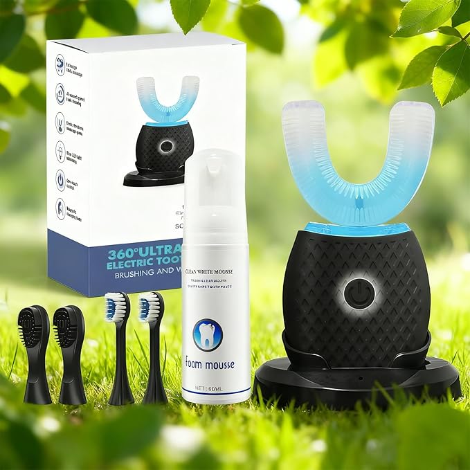 U-Shaped Electric Toothbrush for Adults, Hands-Free Auto Teeth Cleaner with 360° Ultrasonic & Foam Mousse, 4 Brush Heads, LED Light & Charging Base Kit (Black)