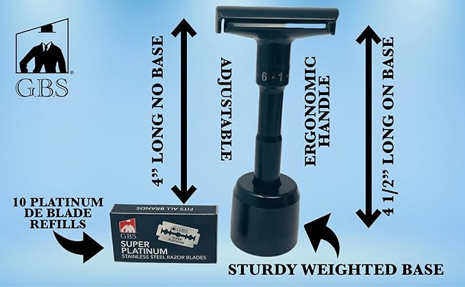 G.B.S Black Adjustable Men's Double Edge Safety Razor Bade, Stand and 10 G.B.S Platinum Blades Refills