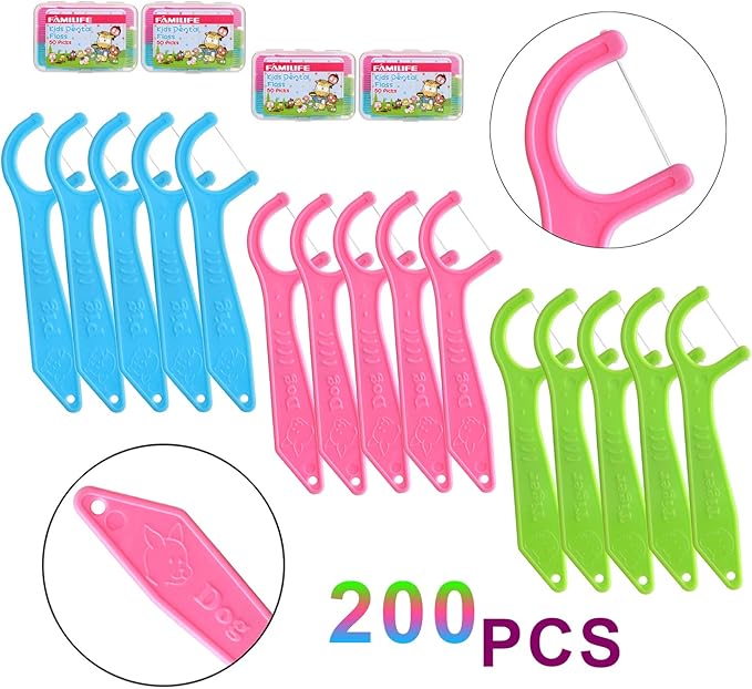FAMILIFE Dental Floss Picks Kids flossers Toddler Threaders Children Unwaxed Unflavored Fluoride Free Dental Floss Child Kid Flossing Sticks with Travel Cases 200 Picks
