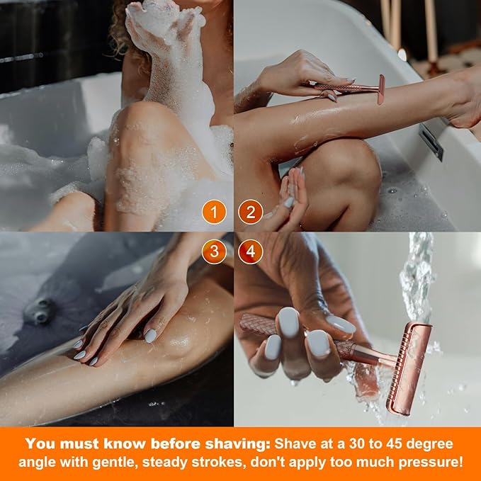 Rose Gold Safety Razor - Single Blade Razors for Women - Reusable Metal Razor, with 5 Stainless Steel Double Edge Blades, Smooth Close Shave, Sustainable, Plastic Free
