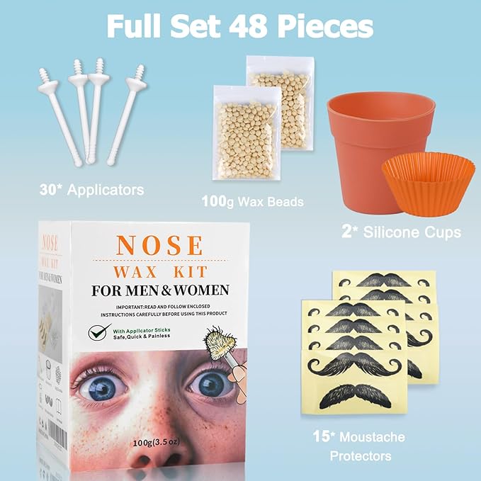 Nose Wax Hair Removal Kit by CoFashion | 100g Wax, 30 Applicators (15-30 Uses) | Painless, Quick & Easy for Men Women | 15 Mustache Guards, 2 Silicone Cups