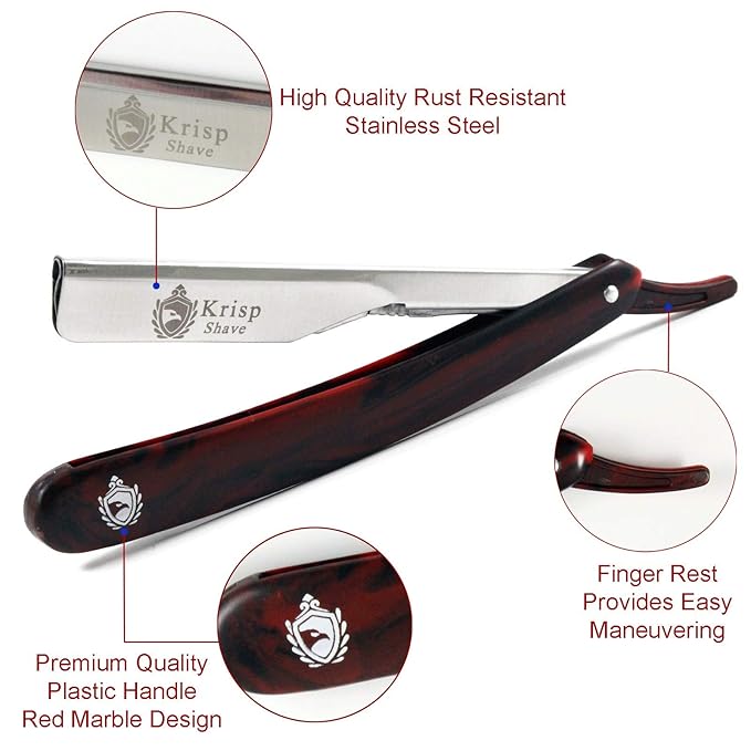 Krisp Beauty Professional Classic Straight Edge Barber Razor For Close Shaving - Salon Quality Manual Men's Beard Cut Throat Shavette With 10 Shaving Blades