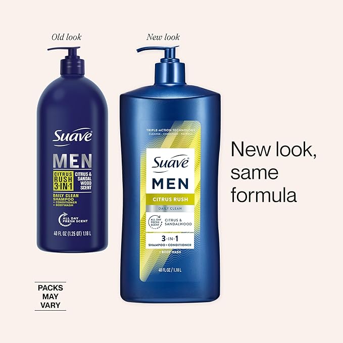 Suave Men Citrus Rush Daily Clean 3 in 1 Shampoo, Conditioner & Body Wash with Glycerin & Keratin Hydrates & Smooths Hair, Citrus Scent, 4 Count, 40 FL OZ Pump
